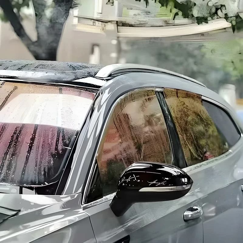 Автомобиль с мокрыми стёклами, на которых плёнка даёт розово-золотой оттенок